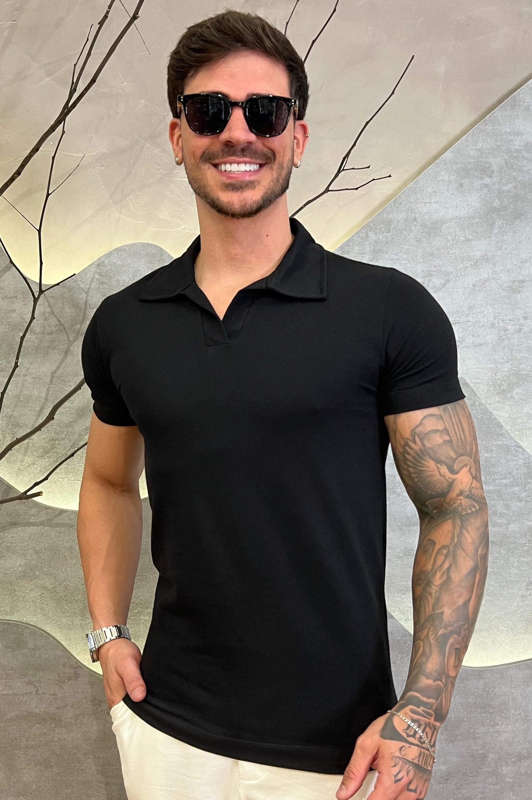 Camisa Polo Gola V Preto Zeus