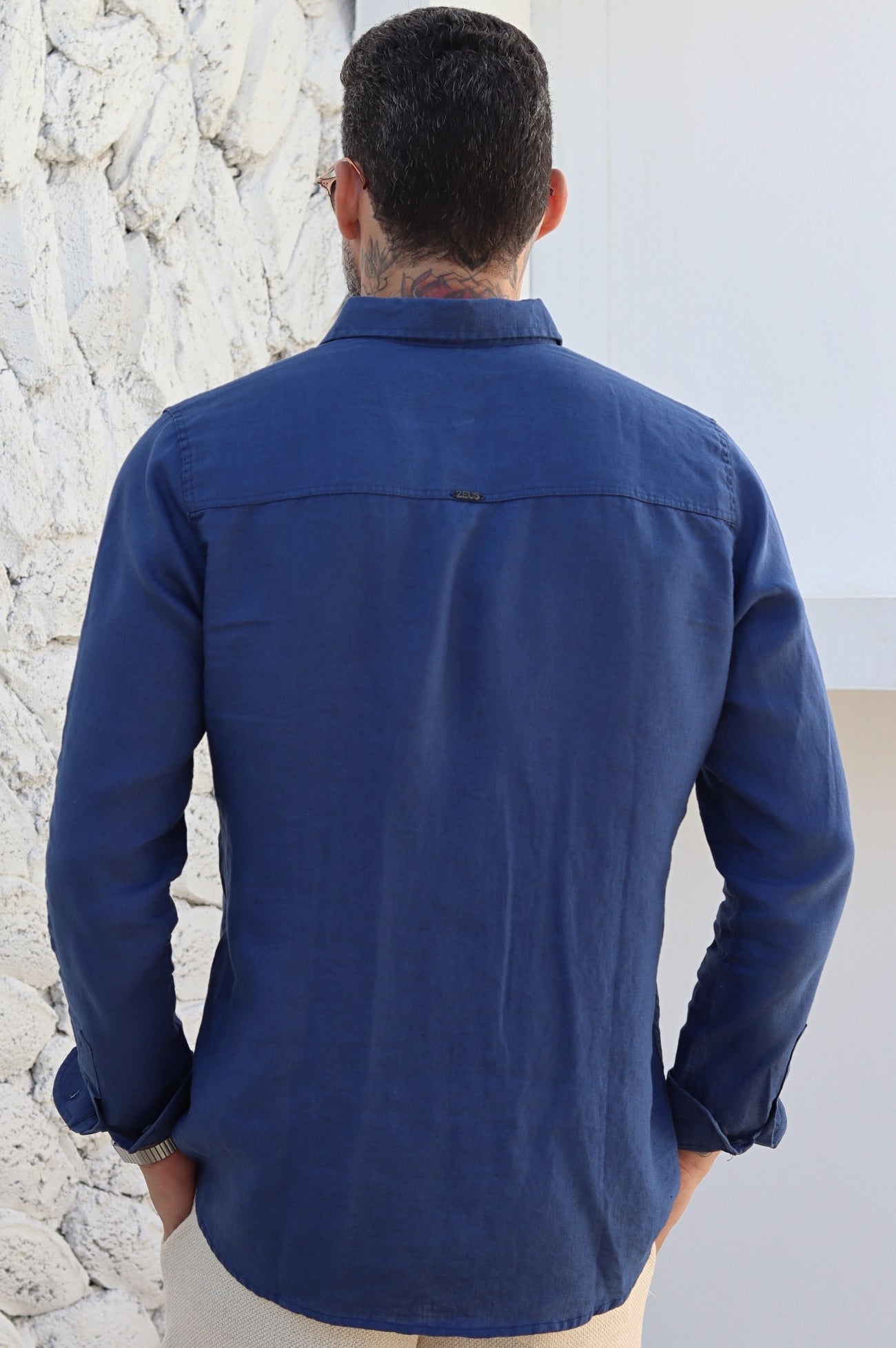 Camisa Social 100% Linho Azul Marinho Manga Longa Zeus