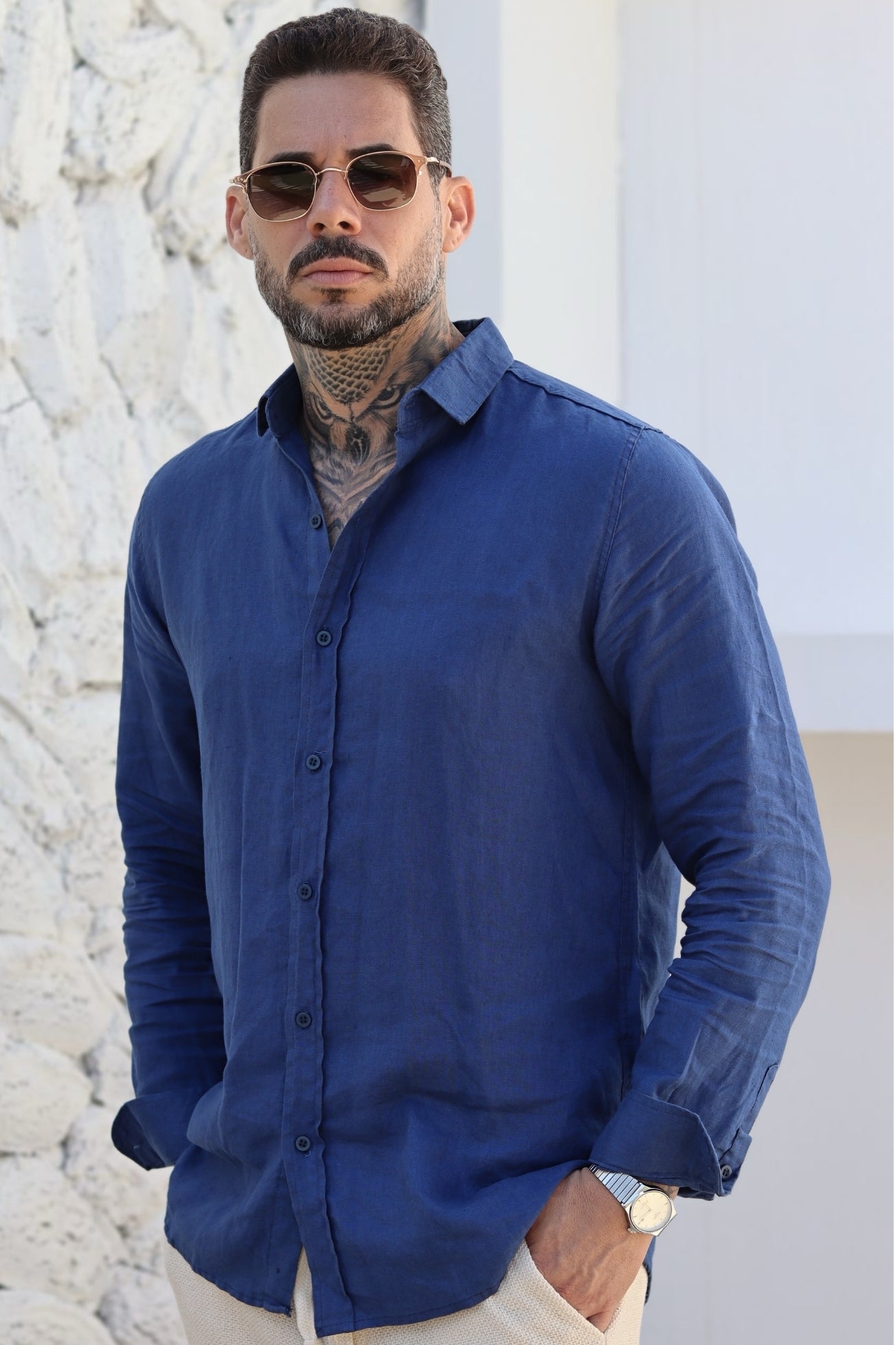 Camisa Social 100% Linho Azul Marinho Manga Longa Zeus