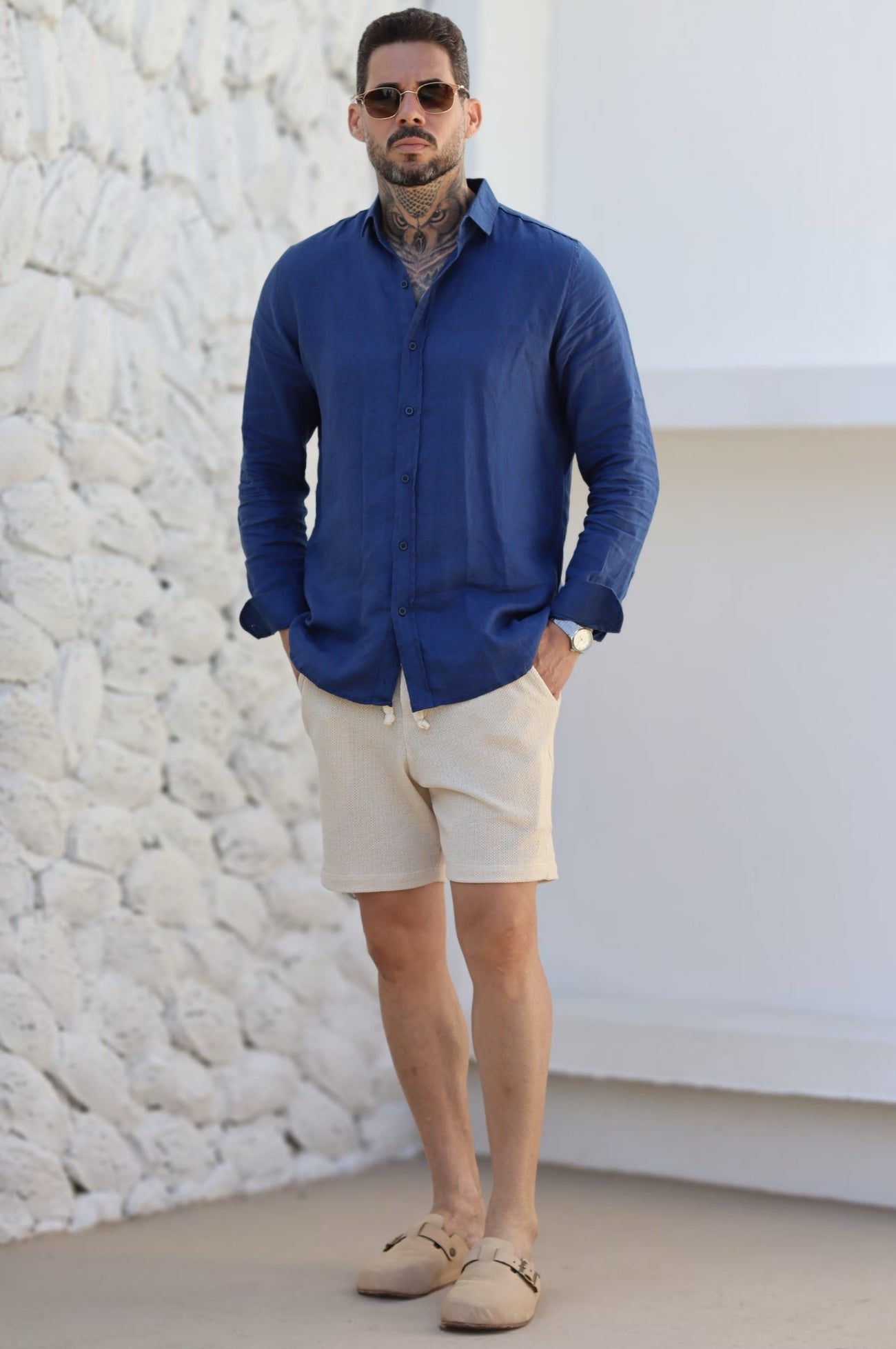 Camisa Social 100% Linho Azul Marinho Manga Longa Zeus
