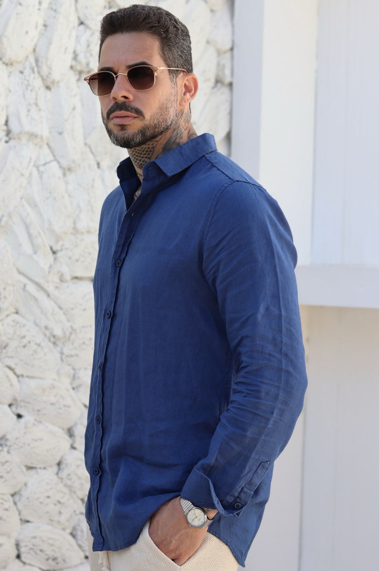 Camisa Social 100% Linho Azul Marinho Manga Longa Zeus