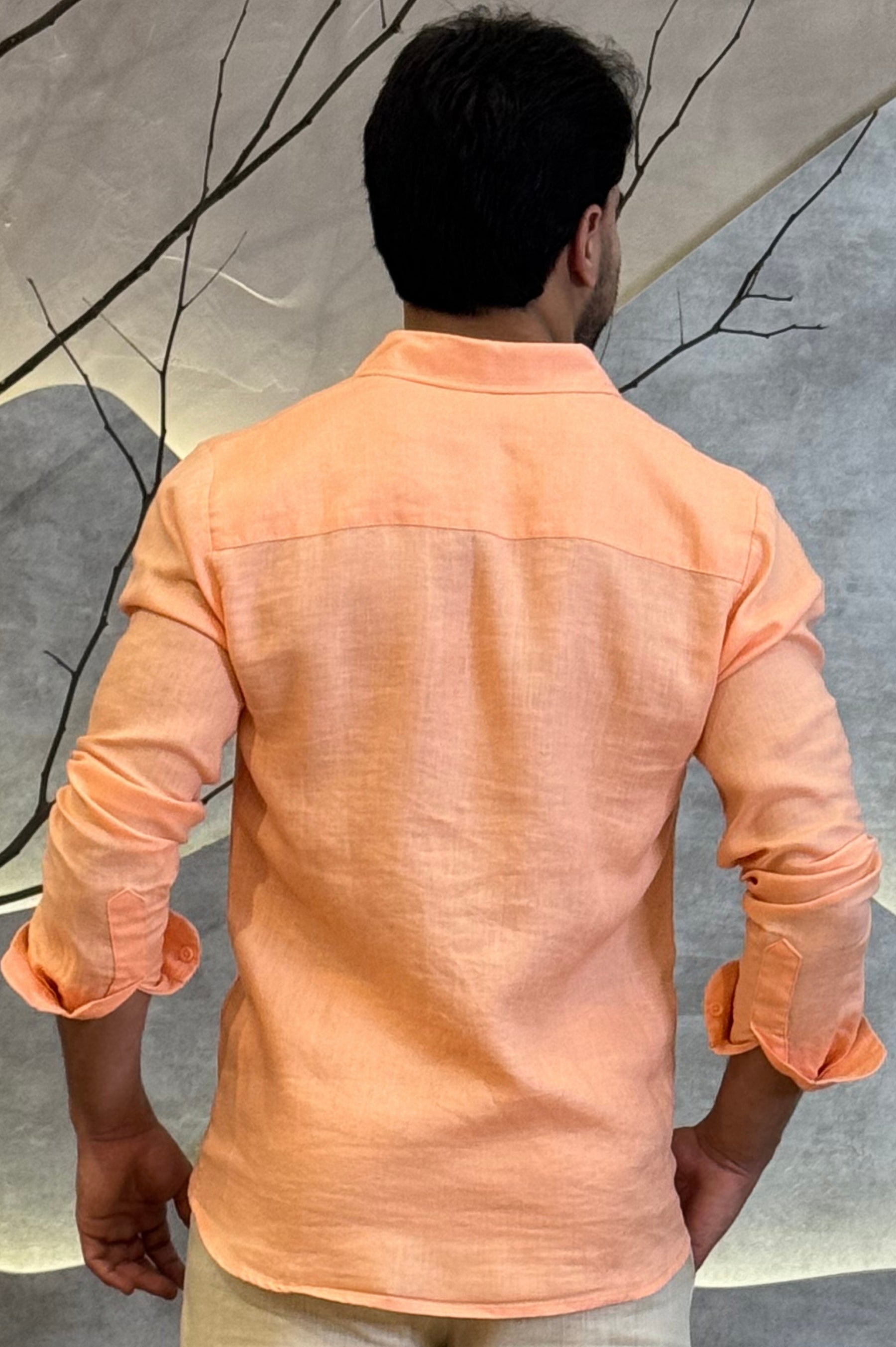 Camisa Social 100% Linho Laranja Manga Longa Zeus