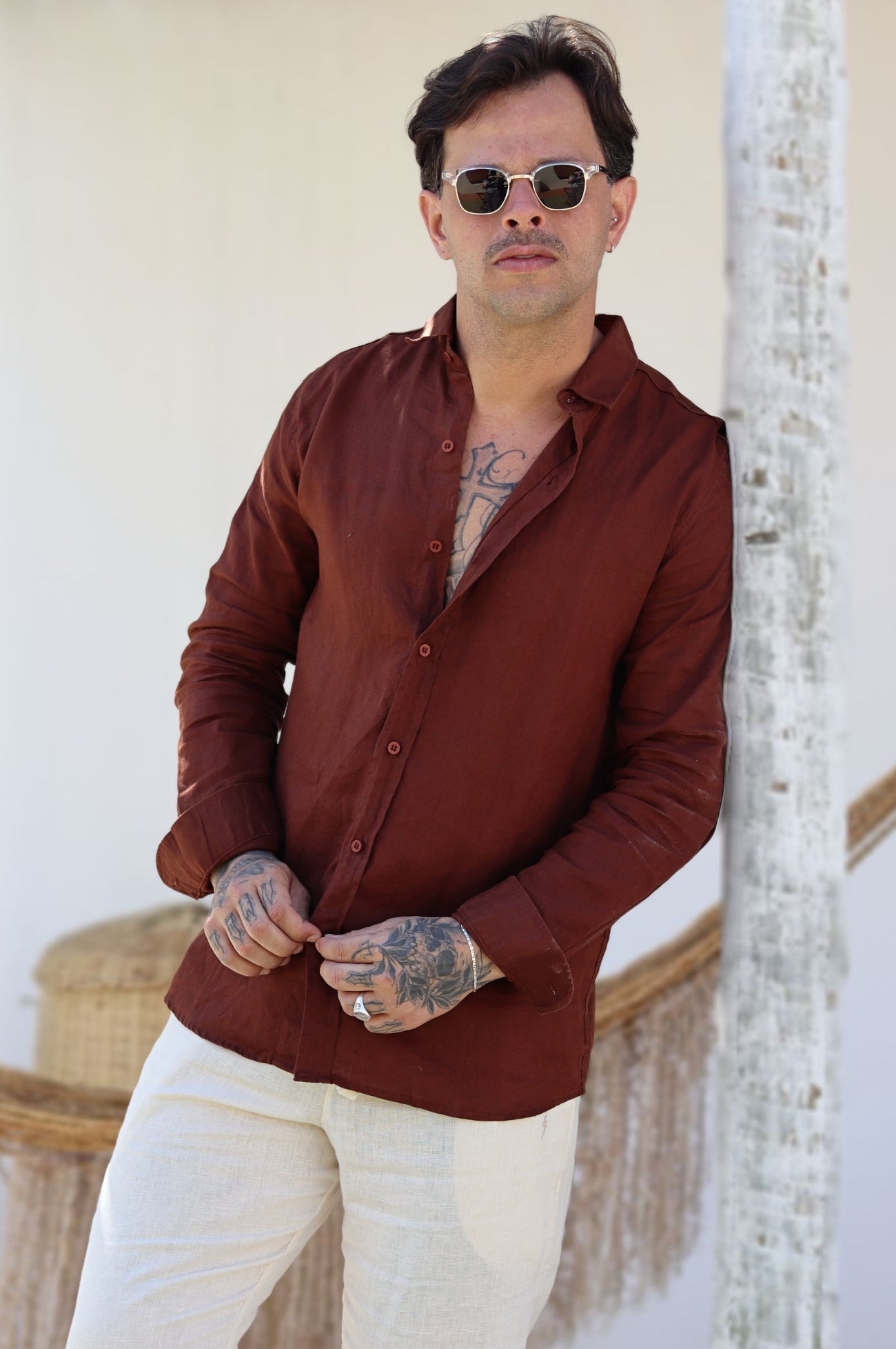Camisa Social 100% Linho Marrom Manga Longa Zeus
