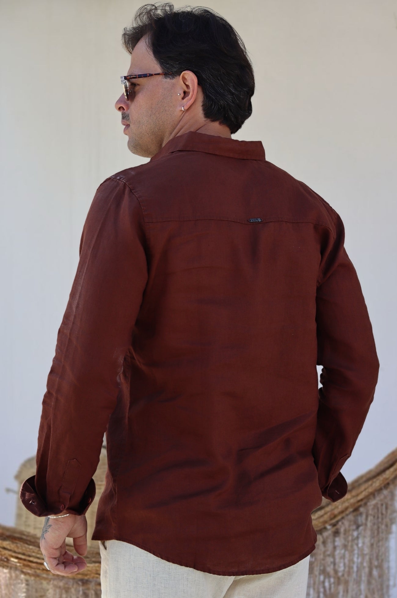 Camisa Social 100% Linho Marrom Manga Longa Zeus