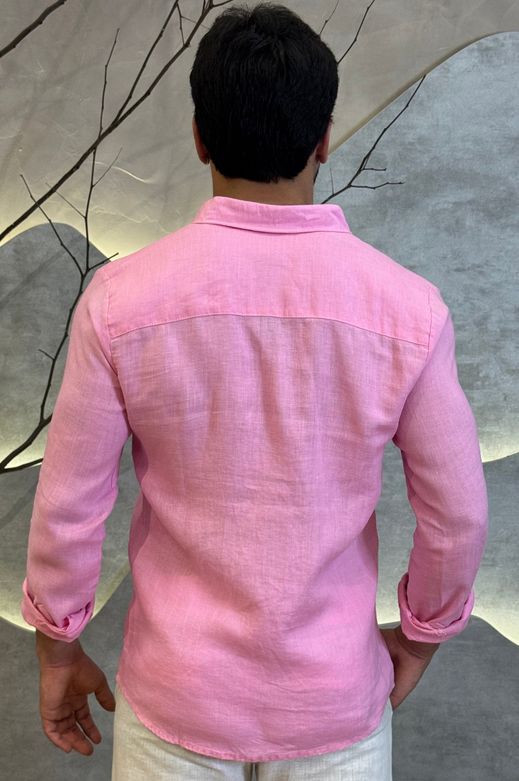Camisa Social 100% Linho Rosa Manga Longa Zeus