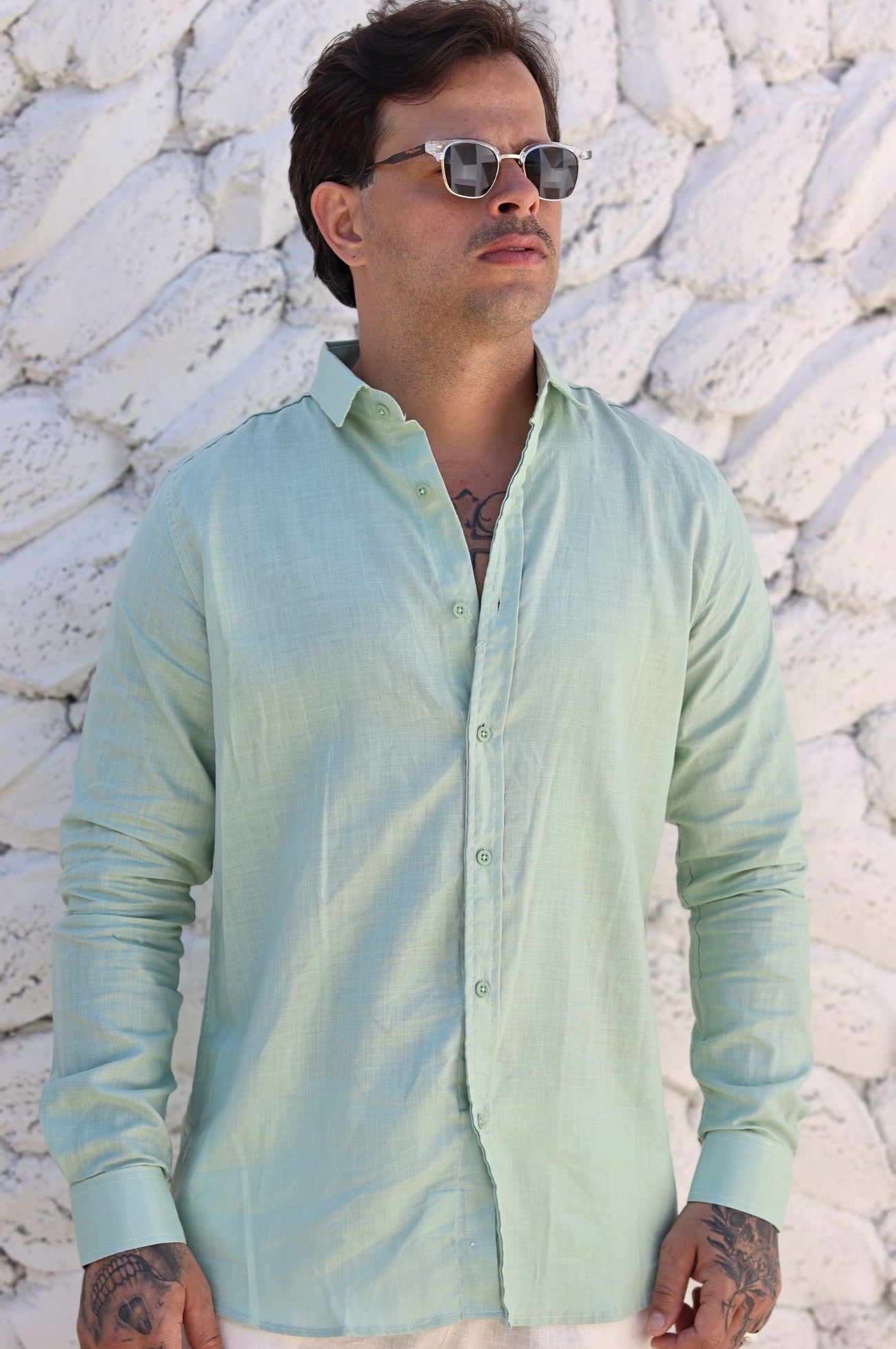Camisa Social 100% Linho Verde Água Manga Longa Zeus