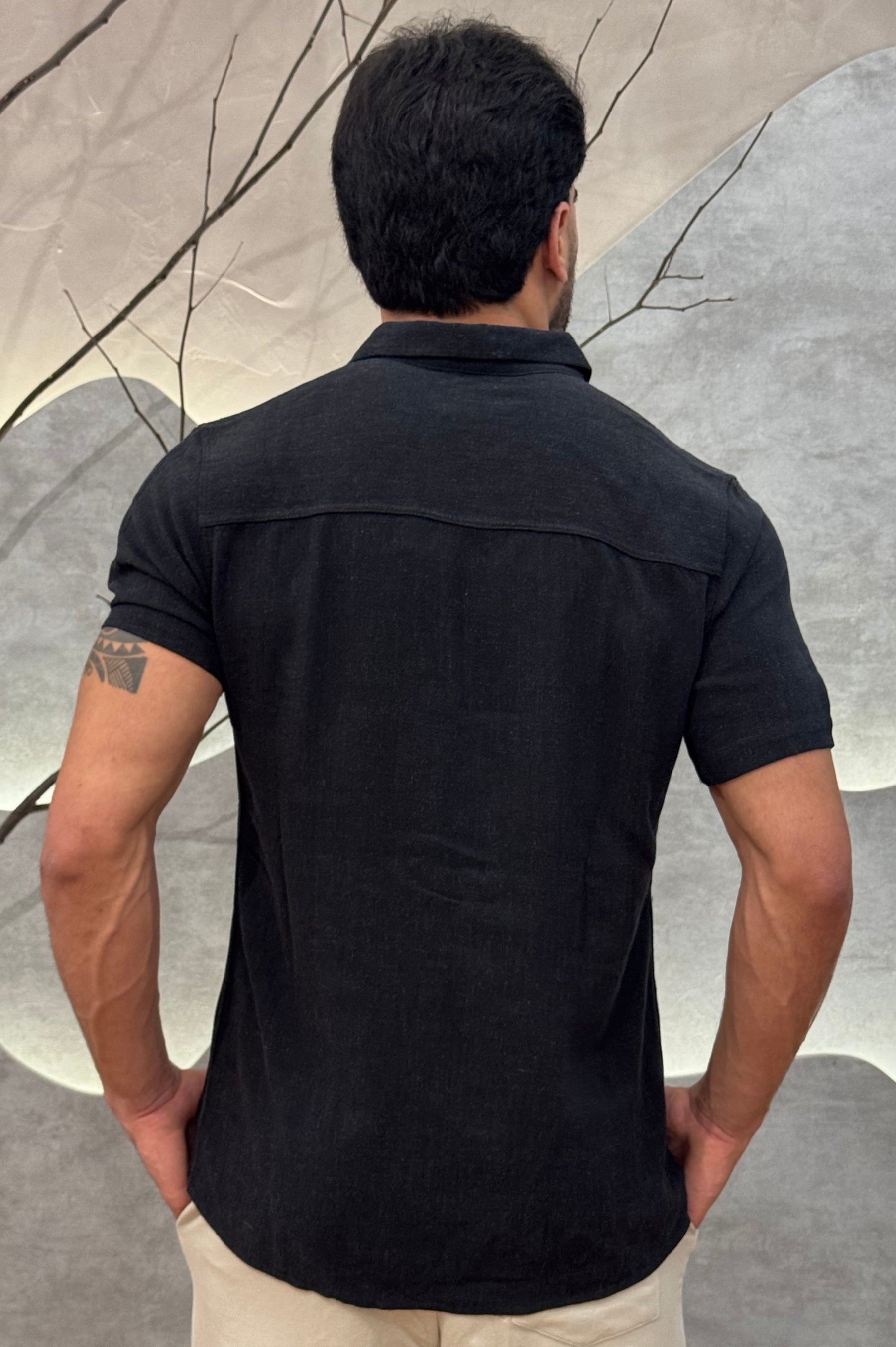 Camisa Viscolinho Manga Curta Preta Zeus