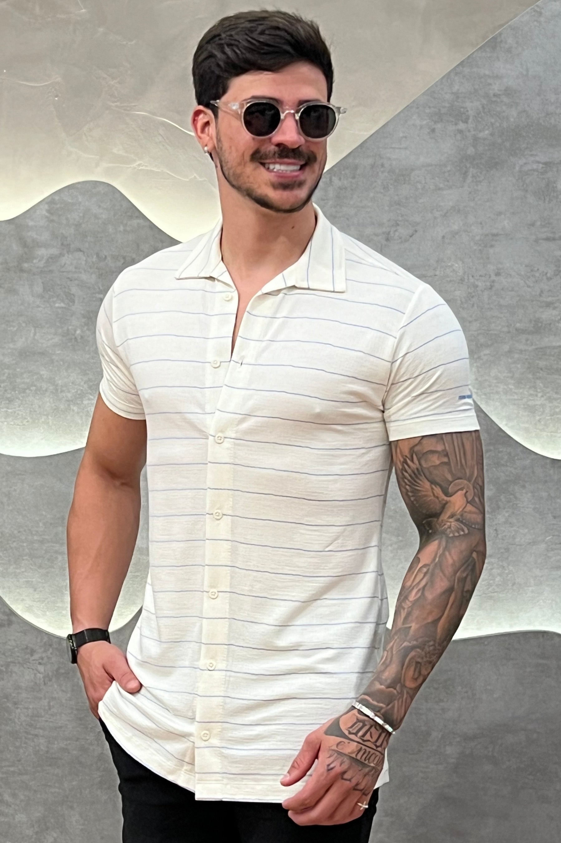 Camisa Viscose sarjada com Elastano Branco e Azul Zeus