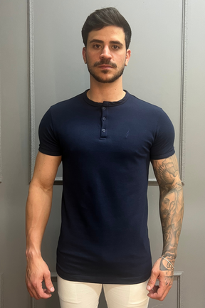 Camisa Gola Henley Azul Escuro