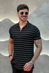 Camisa Viscose Sarjada Preto e Branco com Elastano Zeus