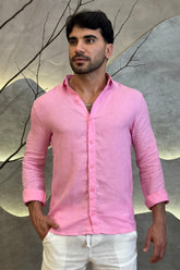 Camisa Social 100% Linho Rosa Manga Longa Zeus