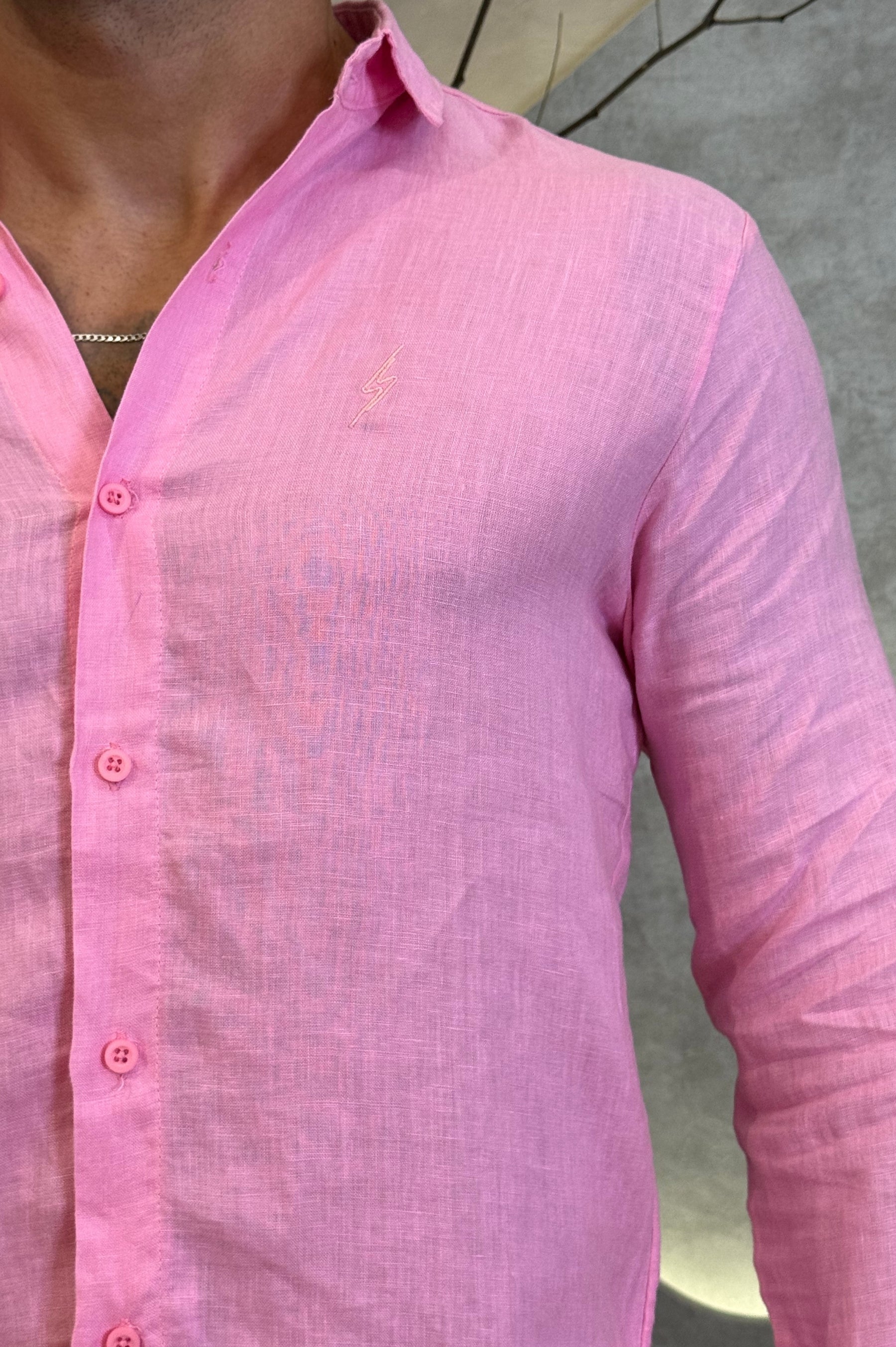 Camisa Social 100% Linho Rosa Manga Longa Zeus