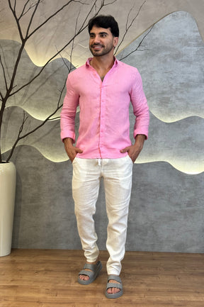 Camisa Social 100% Linho Rosa Manga Longa Zeus