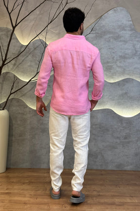 Camisa Social 100% Linho Rosa Manga Longa Zeus