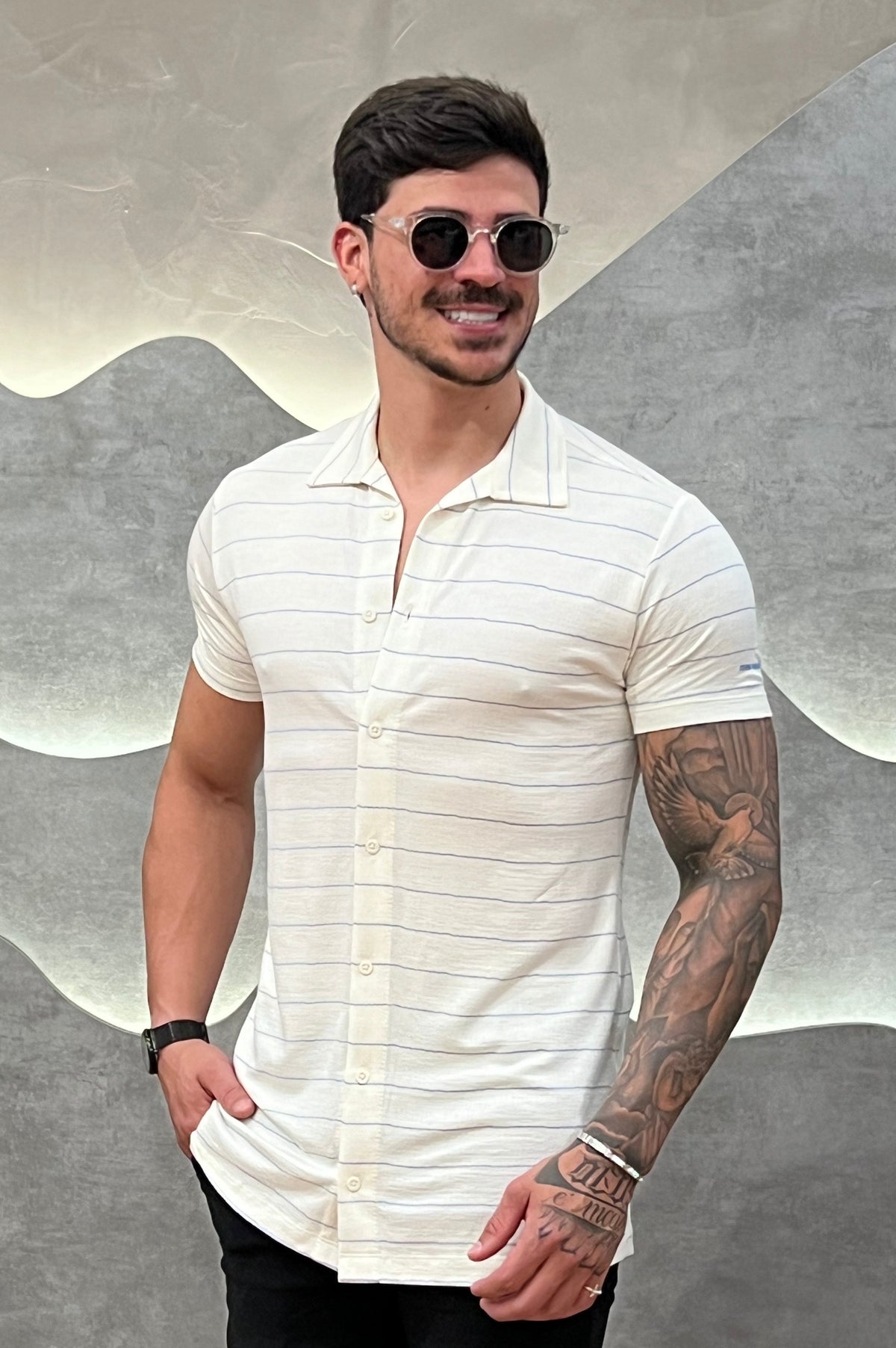 Camisa Viscose sarjada com Elastano Branco e Azul Zeus