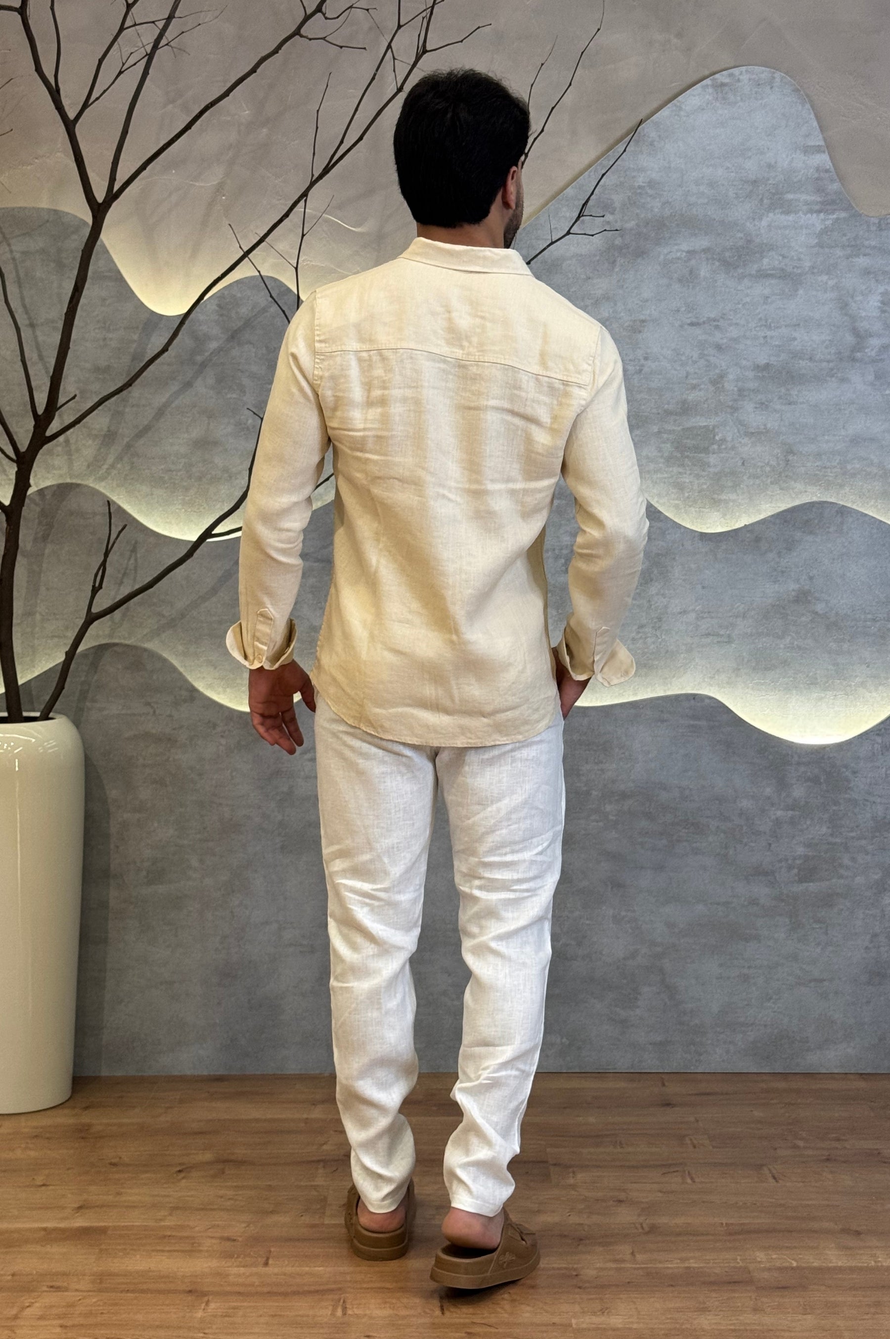 Camisa Social 100% Linho Areia Manga Longa Zeus