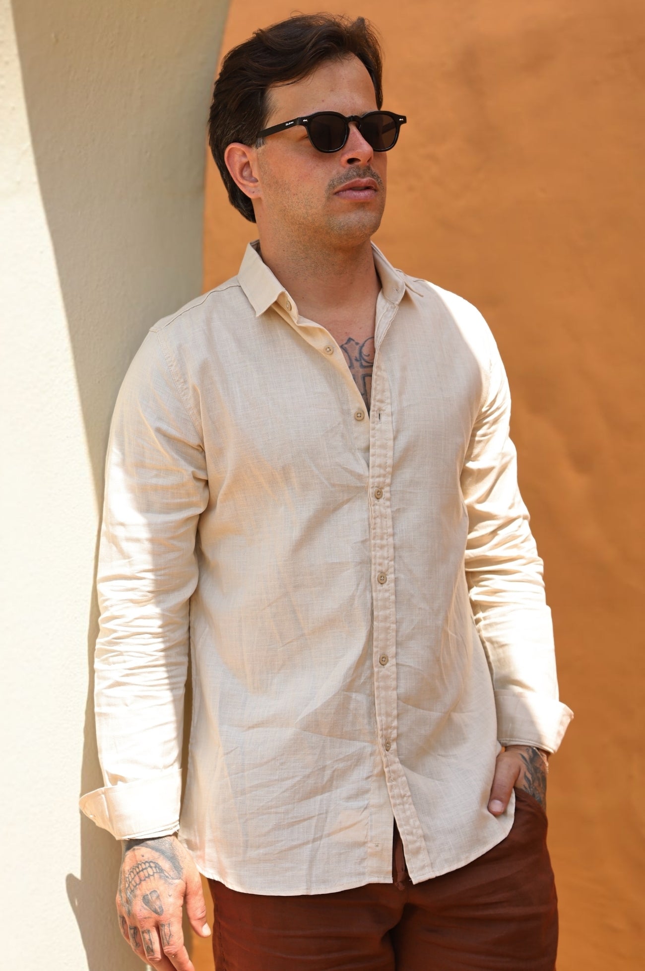 Camisa Social 100% Linho Areia Manga Longa Zeus