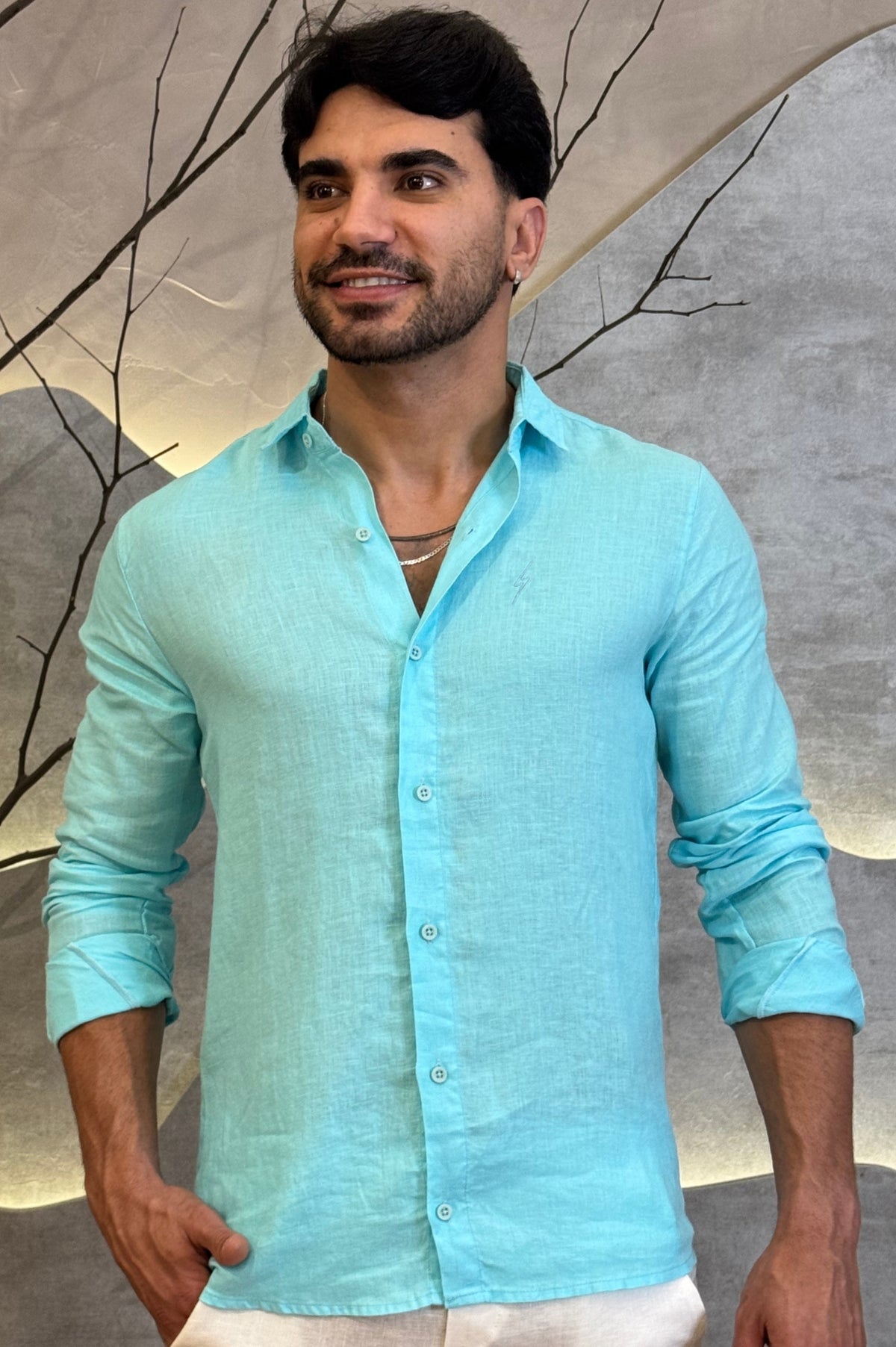 Camisa Social 100% Linho Azul Manga Longa Zeus