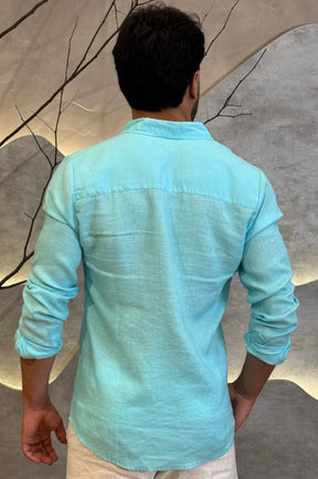 Camisa Social 100% Linho Azul Manga Longa Zeus