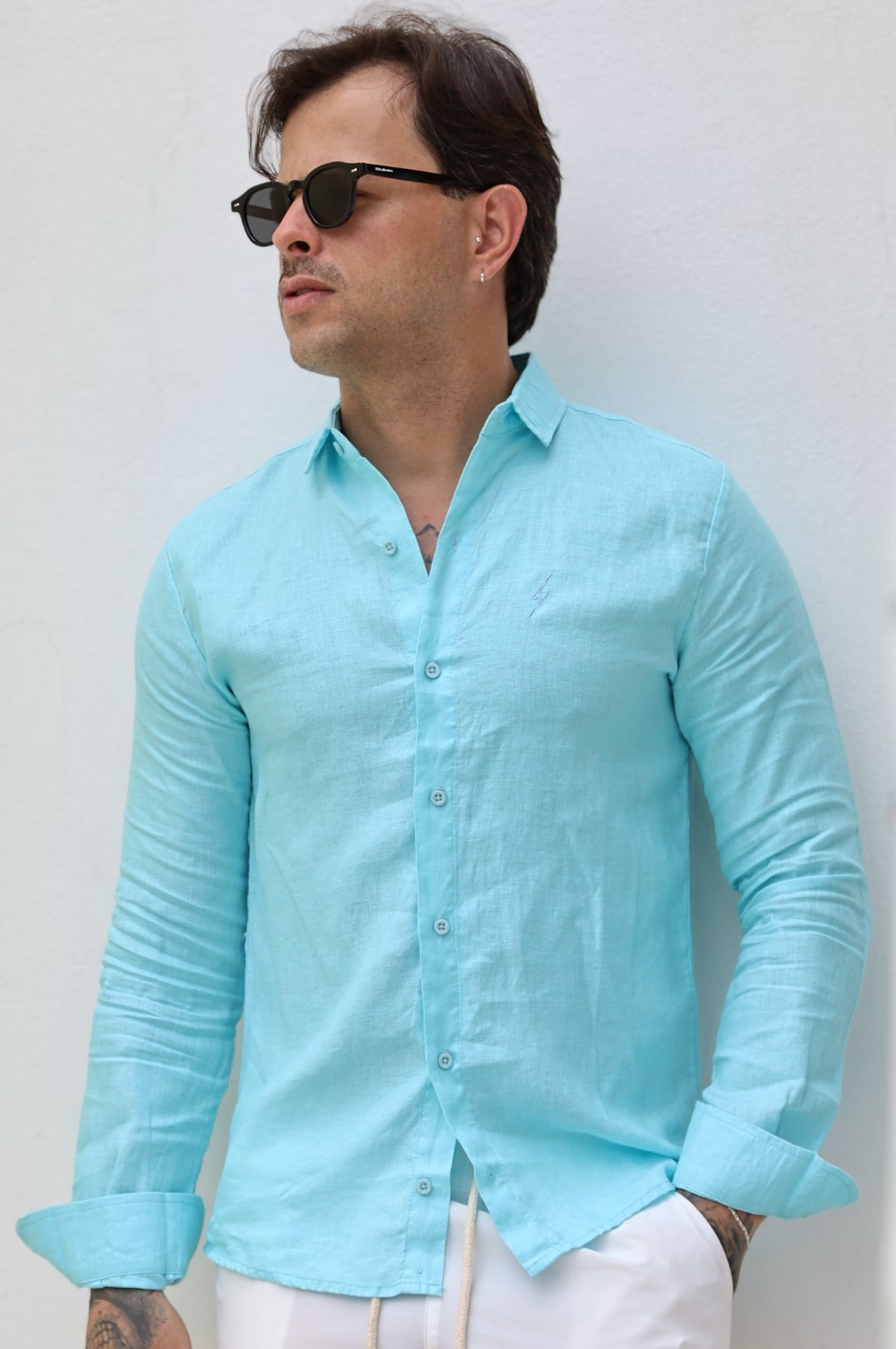 Camisa Social 100% Linho Azul Manga Longa Zeus