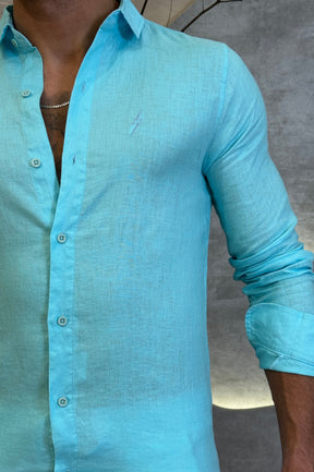 Camisa Social 100% Linho Azul Manga Longa Zeus