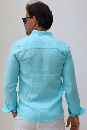 Camisa Social 100% Linho Azul Manga Longa Zeus