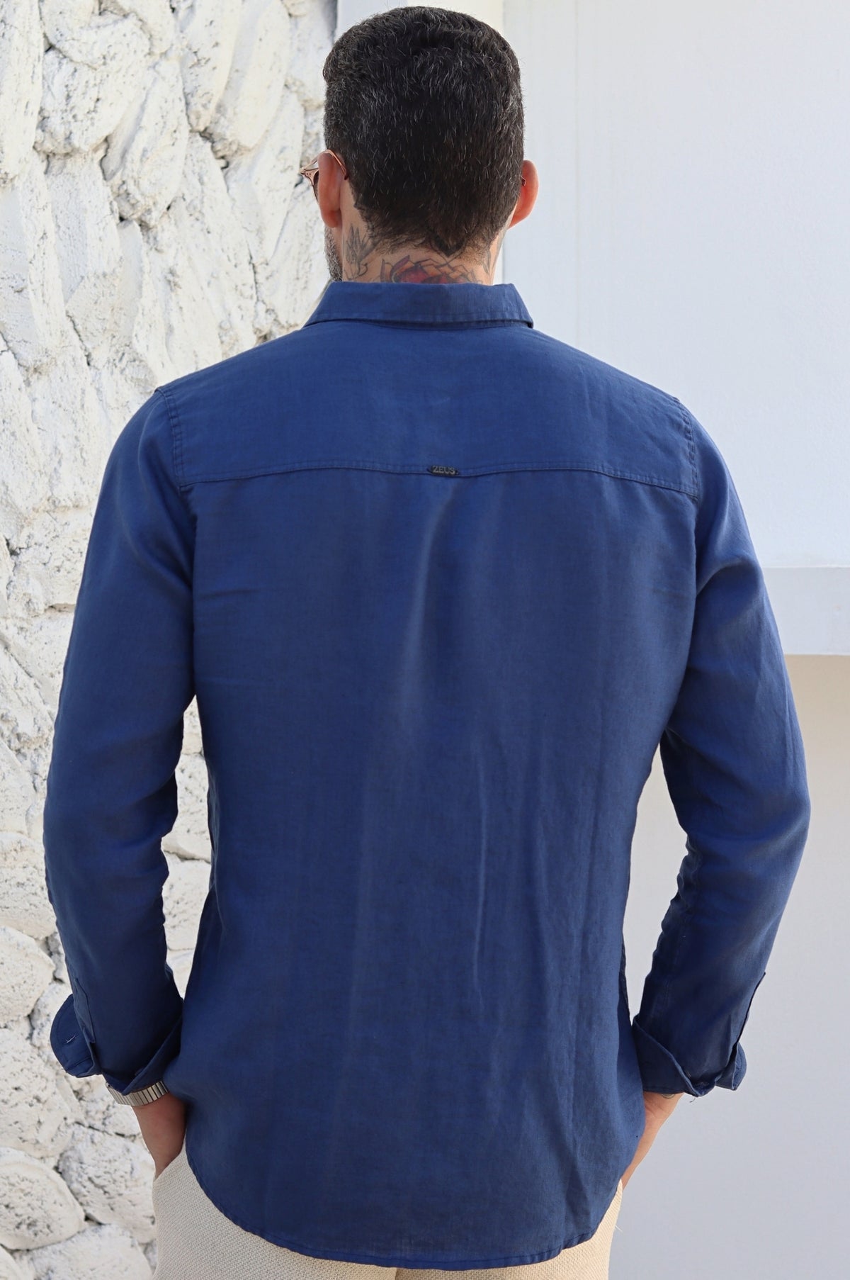 Camisa Social 100% Linho Azul Marinho Manga Longa Zeus