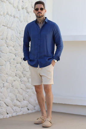 Camisa Social 100% Linho Azul Marinho Manga Longa Zeus