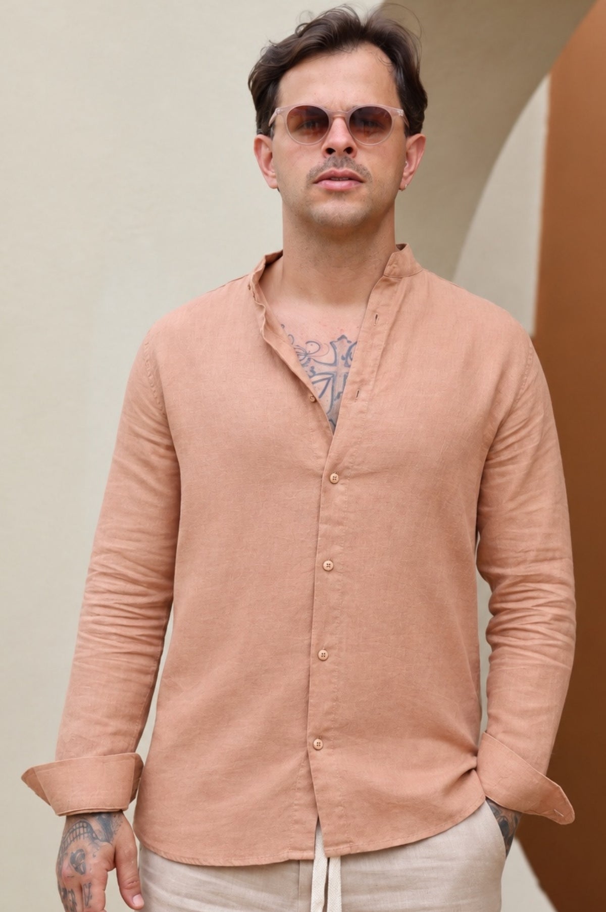 Camisa Social 100% Linho Gola Padre Zeus