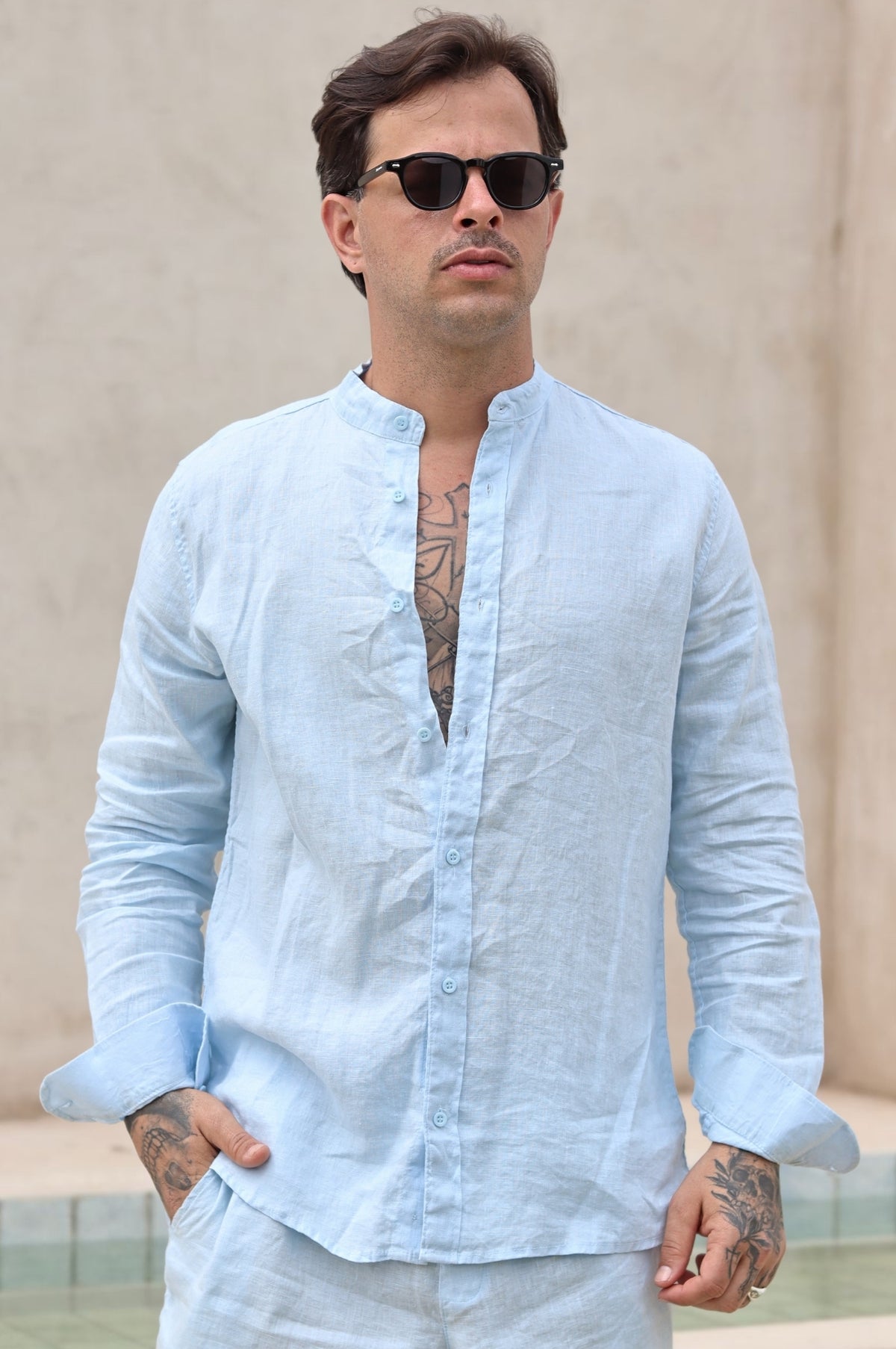 Camisa Social 100% Linho Gola Padre Zeus
