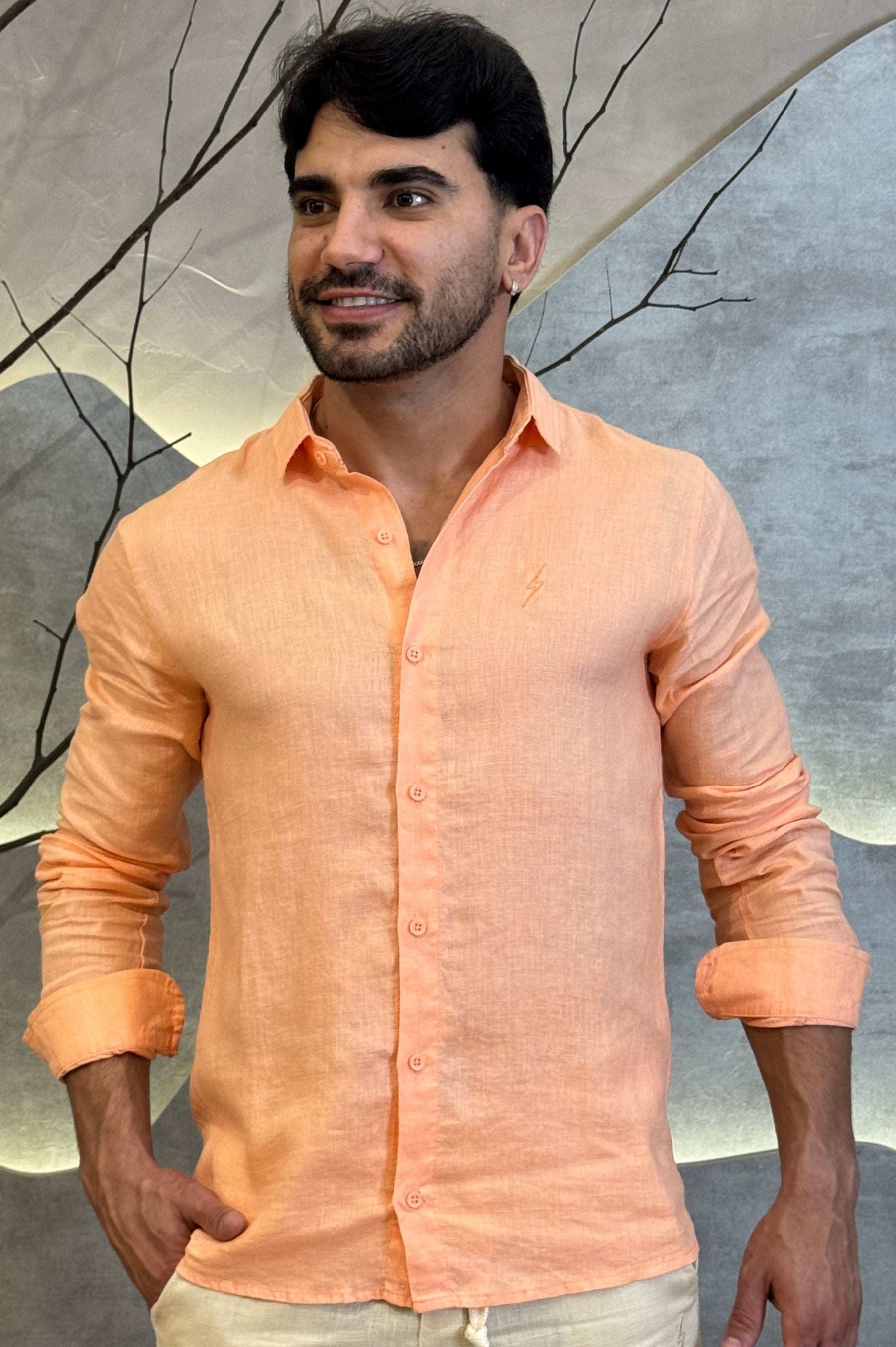 Camisa Social 100% Linho Laranja Manga Longa Zeus