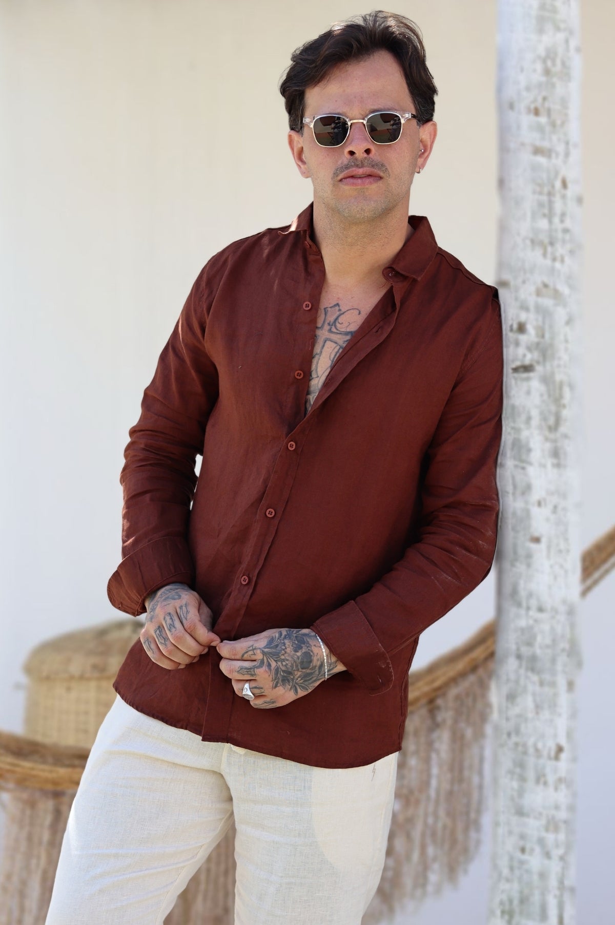 Camisa Social 100% Linho Marrom Manga Longa Zeus