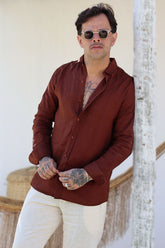 Camisa Social 100% Linho Marrom Manga Longa Zeus