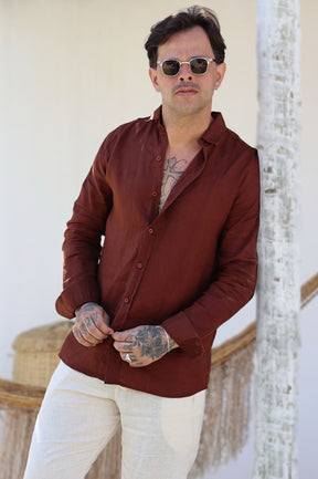 Camisa Social 100% Linho Marrom Manga Longa Zeus