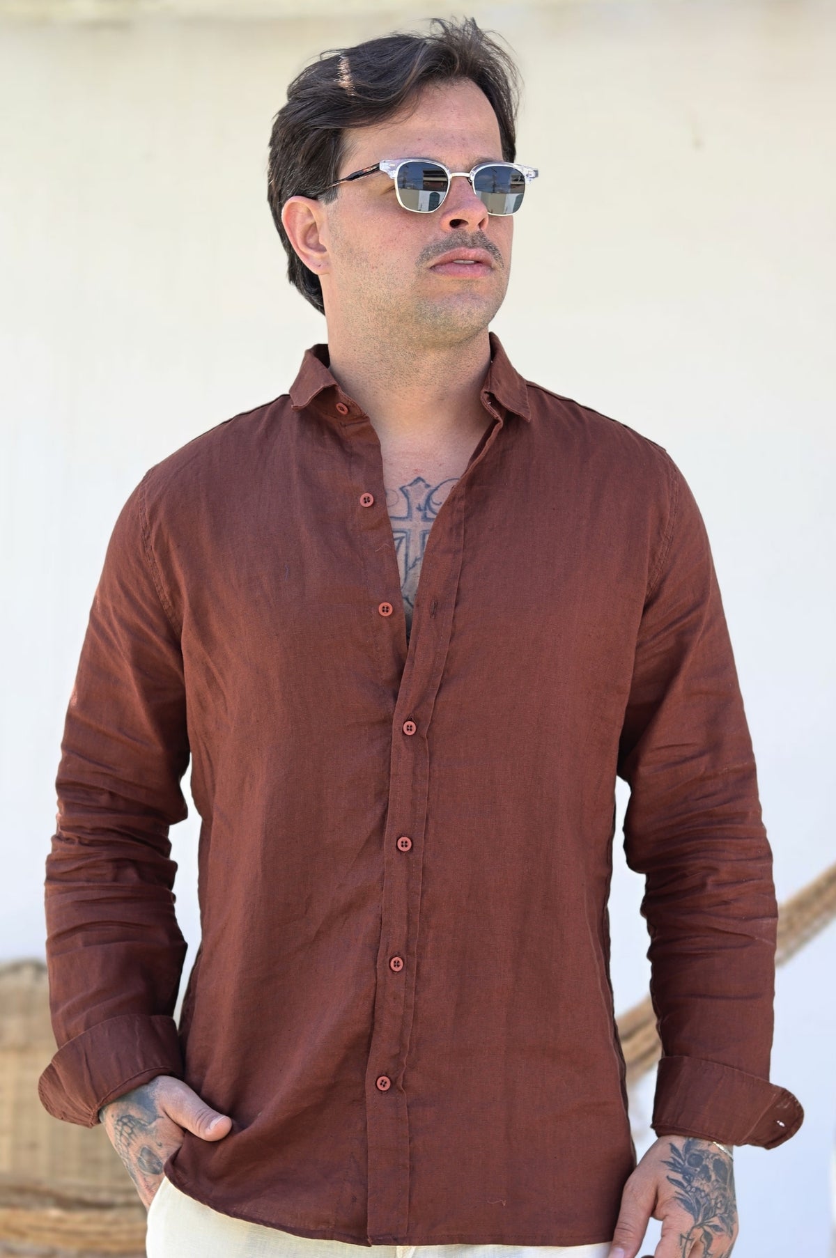 Camisa Social 100% Linho Marrom Manga Longa Zeus