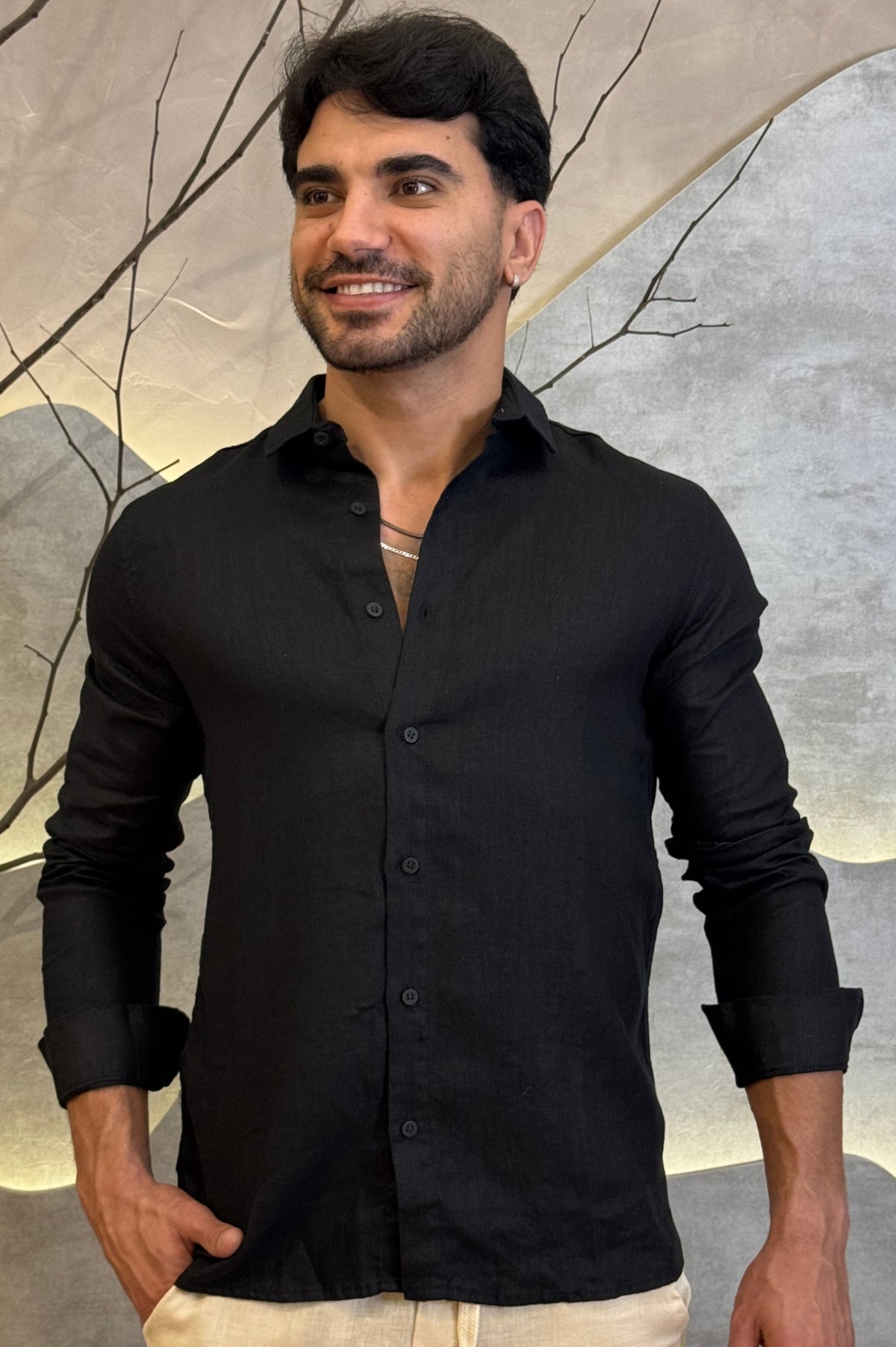 Camisa Social 100% Linho Preta Manga Longa Zeus