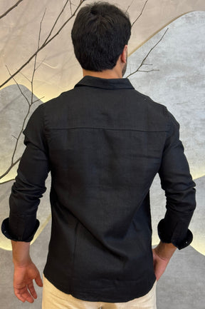 Camisa Social 100% Linho Preta Manga Longa Zeus