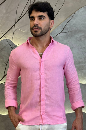 Camisa Social 100% Linho Rosa Manga Longa Zeus