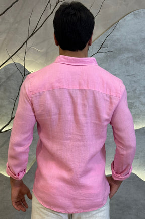 Camisa Social 100% Linho Rosa Manga Longa Zeus