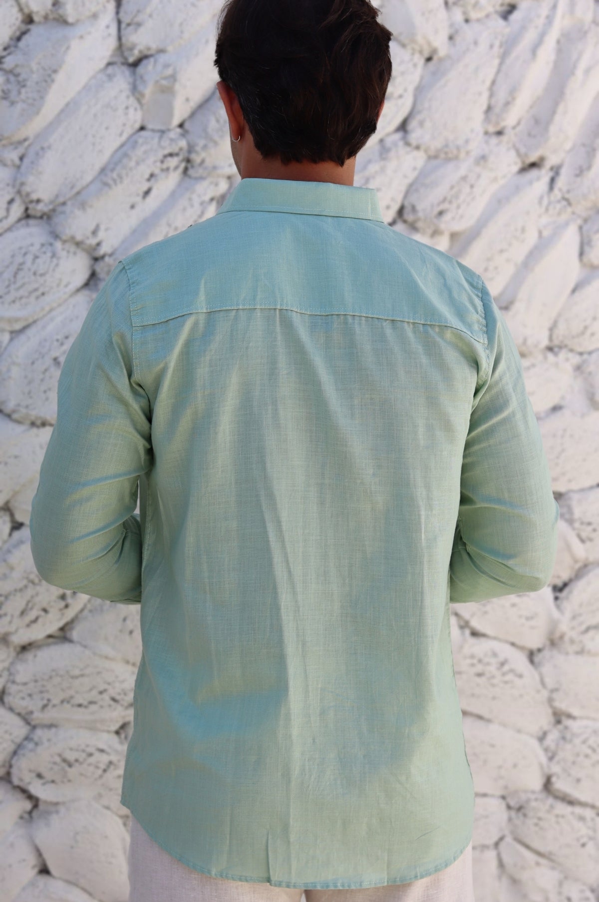 Camisa Social 100% Linho Verde Água Manga Longa Zeus