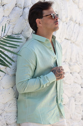 Camisa Social 100% Linho Verde Água Manga Longa Zeus
