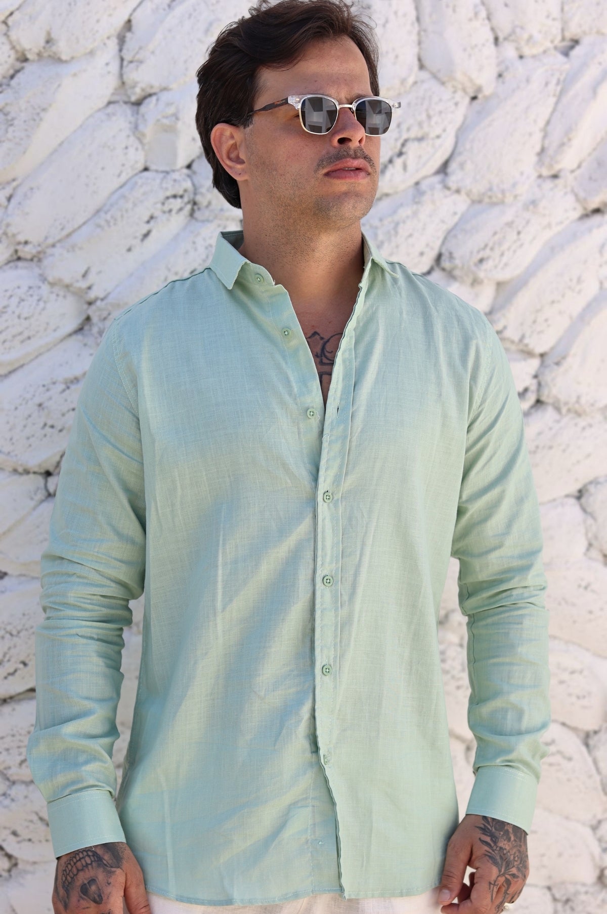Camisa Social 100% Linho Verde Água Manga Longa Zeus