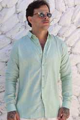 Camisa Social 100% Linho Verde Água Manga Longa Zeus