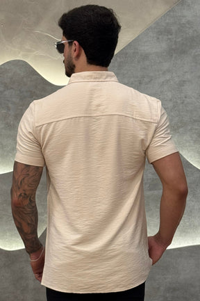 Camisa Viscolinho Areia Gola Padre Zeus