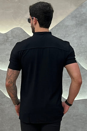 Camisa Viscolinho Preta Gola Padre Zeus
