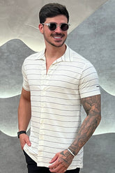 Camisa Viscose Sarjada Branco e Preto com Elastano Zeus