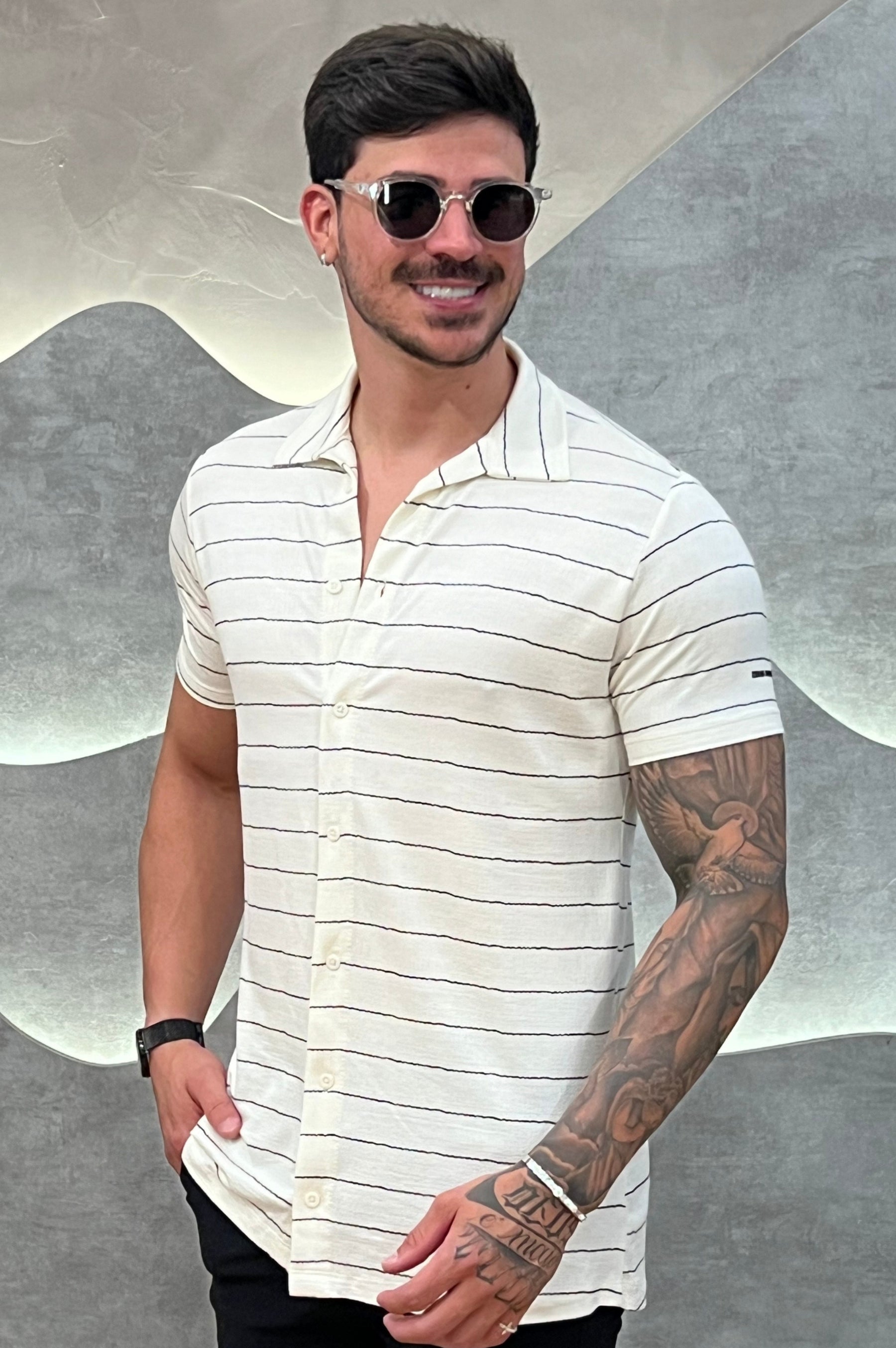 Camisa Viscose Sarjada Branco e Preto com Elastano Zeus