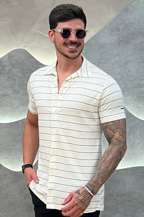 Camisa Viscose Sarjada Branco e Preto com Elastano Zeus