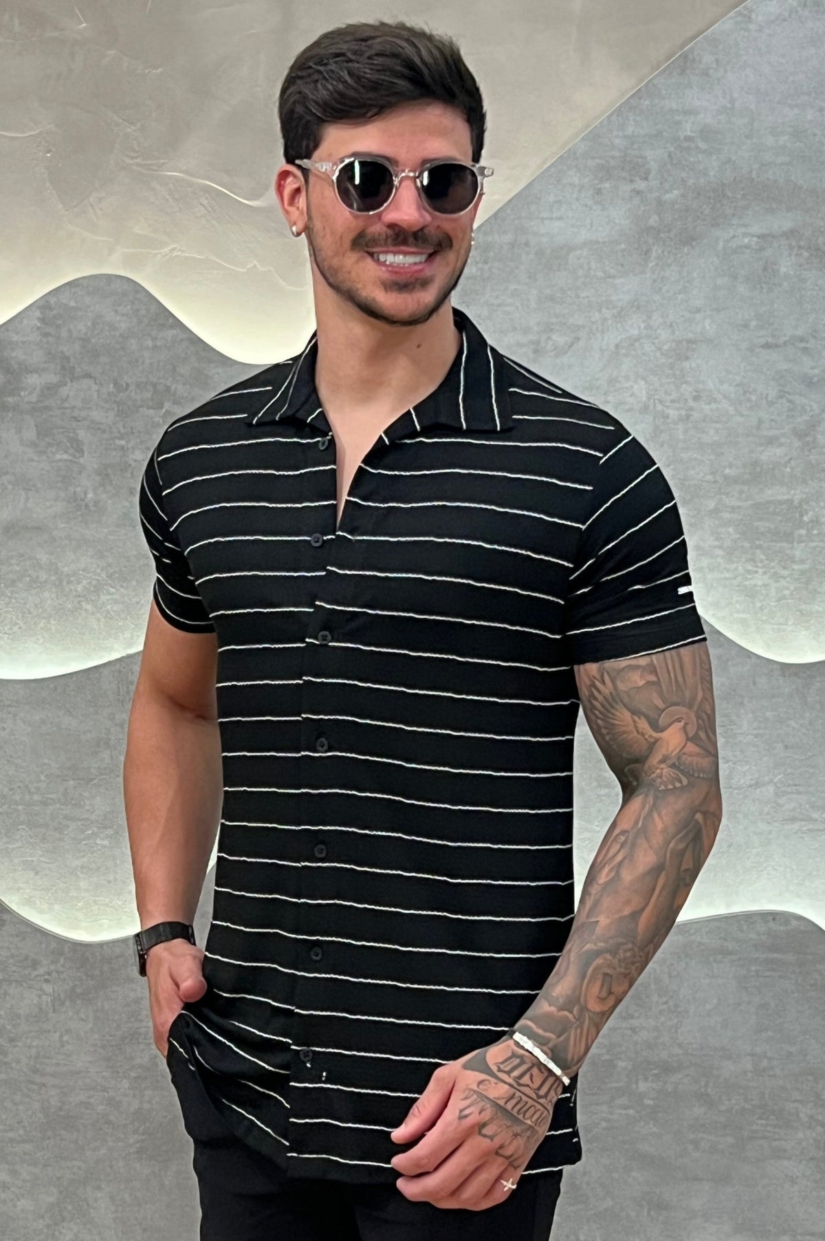 Camisa Viscose Sarjada com Elastano Preto e Branco Zeus
