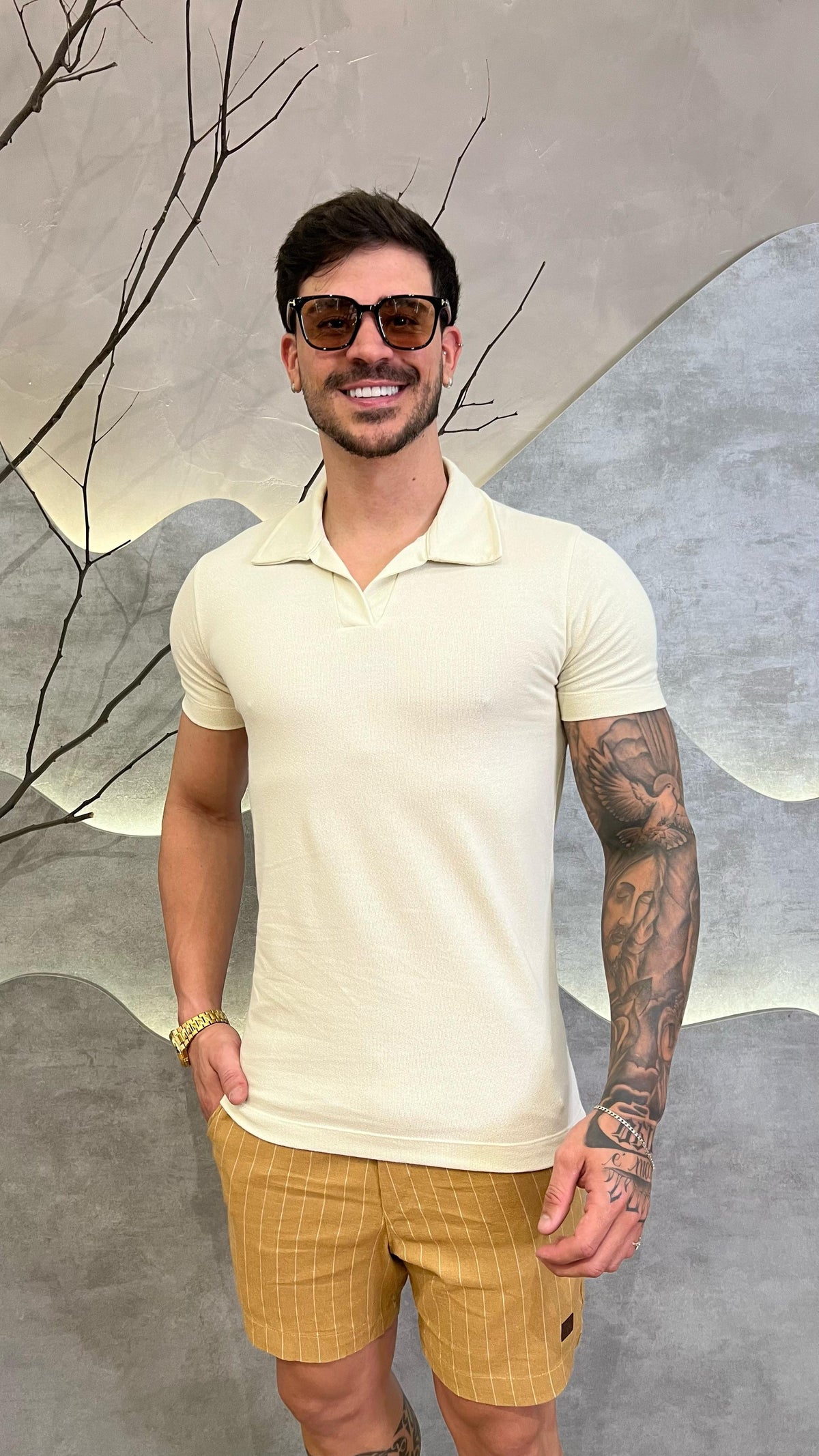 Camisa Polo Gola V Areia Zeus